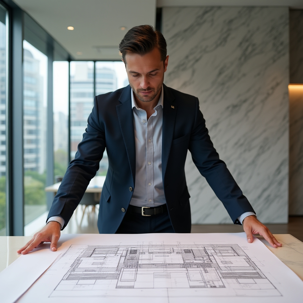 Nolxuni consultant reviewing architectural plans for a residential building rooftop project