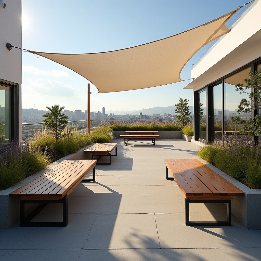 Fixed modular outdoor furniture installed on a residential building rooftop terrace