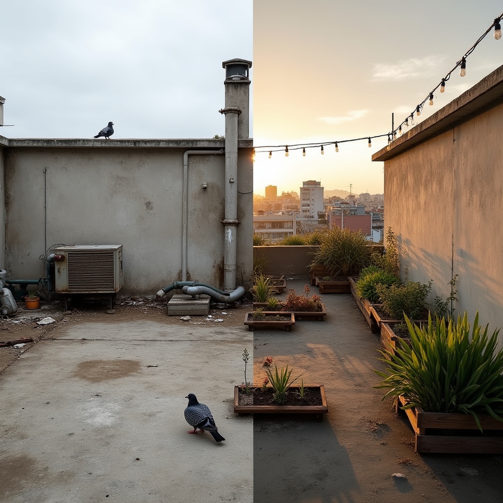 Side-by-side comparison of a residential rooftop before and after terrace transformation in Santiago
