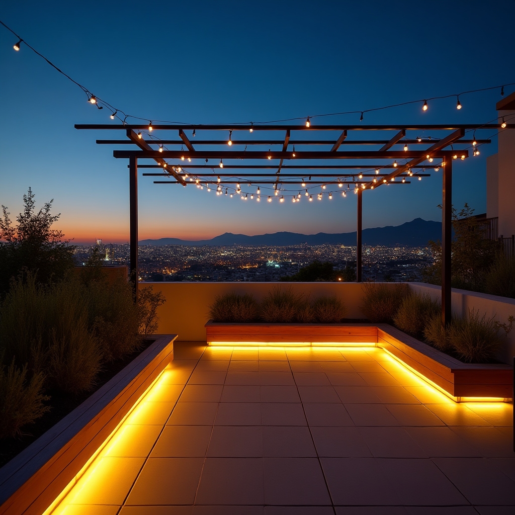 Rooftop terrace at dusk with warm LED lighting illuminating fixed wooden benches and planters against Santiago city skyline