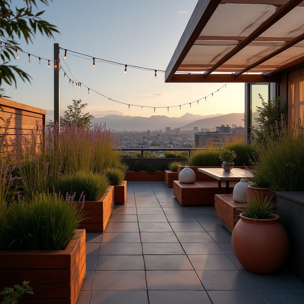 Modern rooftop terrace with plants and seating in Santiago, Chile