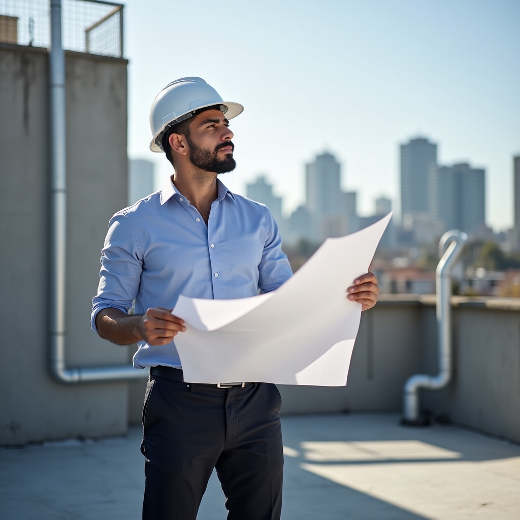 Engineer reviewing structural load analysis documents for a rooftop project