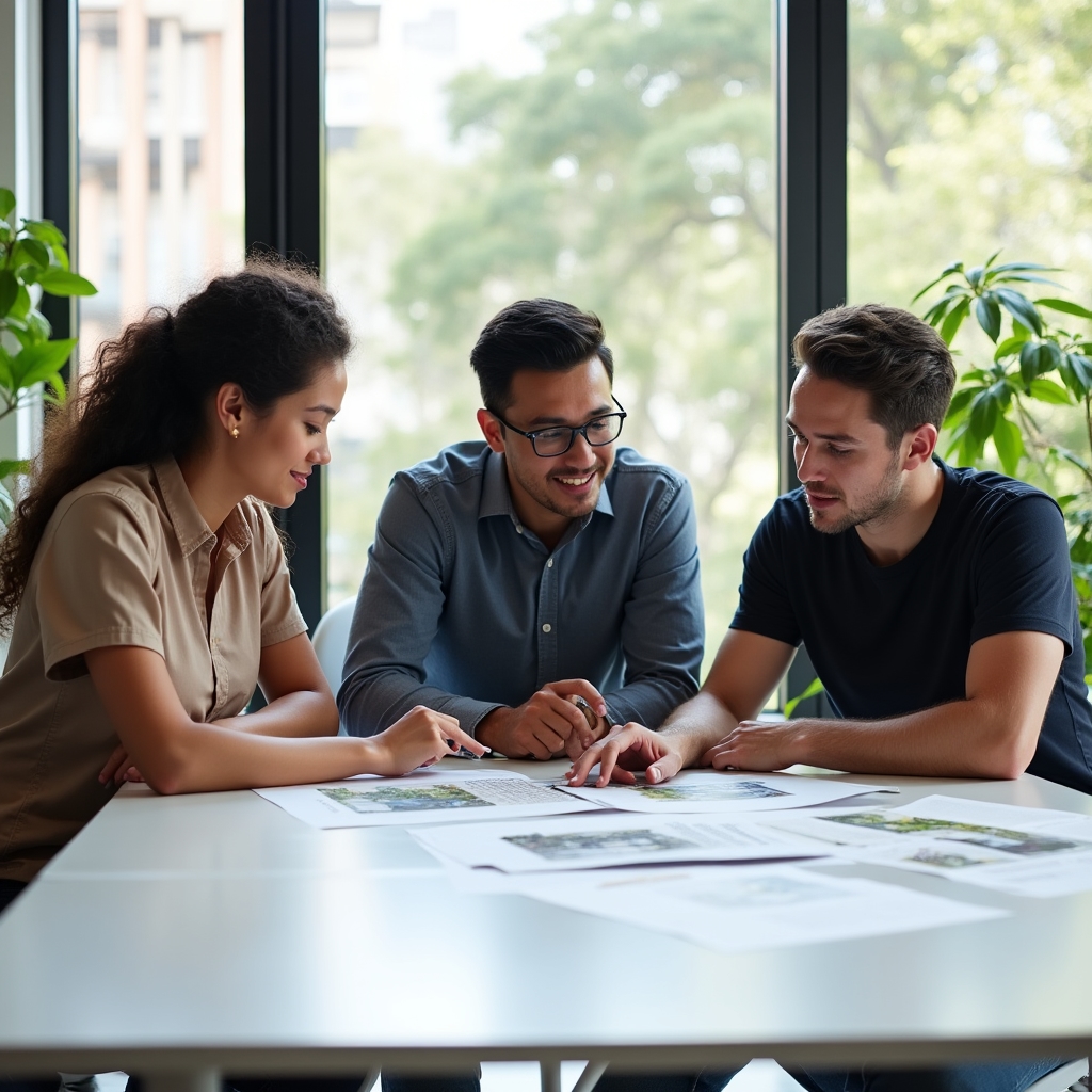 Nolxuni team members in a collaborative discussion reviewing rooftop project documents at a modern office table