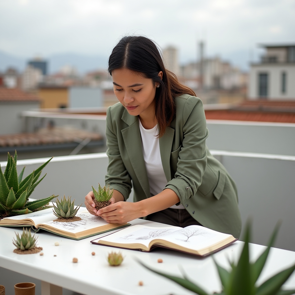 Landscape designer selecting wind-resistant plants for rooftop installation in an urban setting